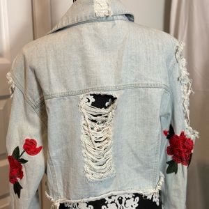 Denim Distressed w/ Red Embroidered Flowered sleeves